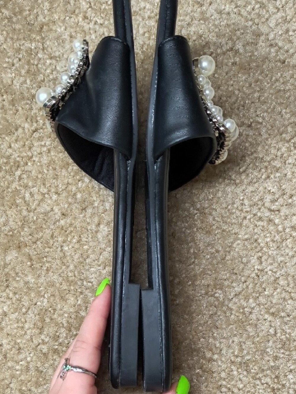 MODA Black Pearl-Embellished Slide Sandals Size 7 - Picture 6 of 8